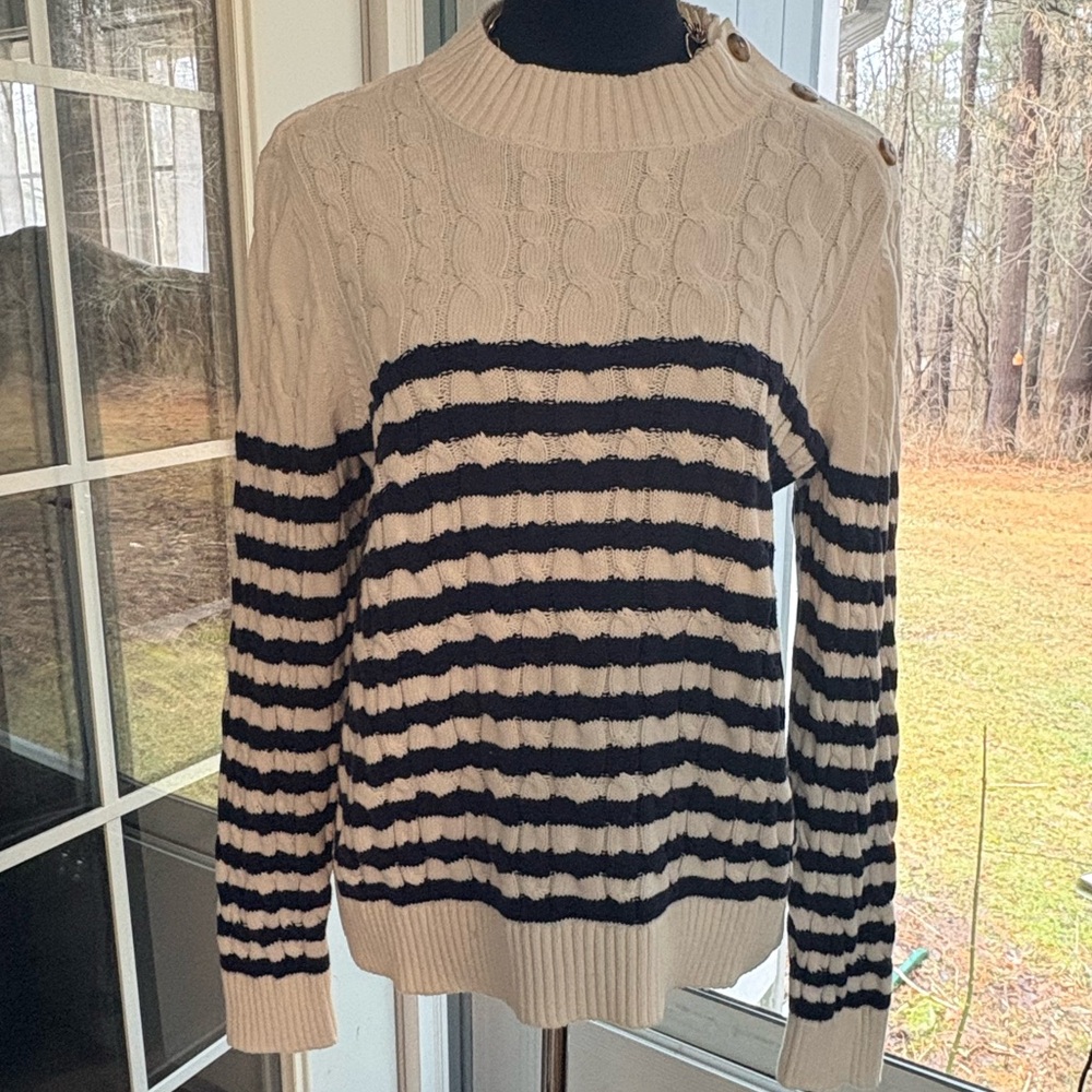 Lands' End Striped Cable Knit Crewneck Sweater